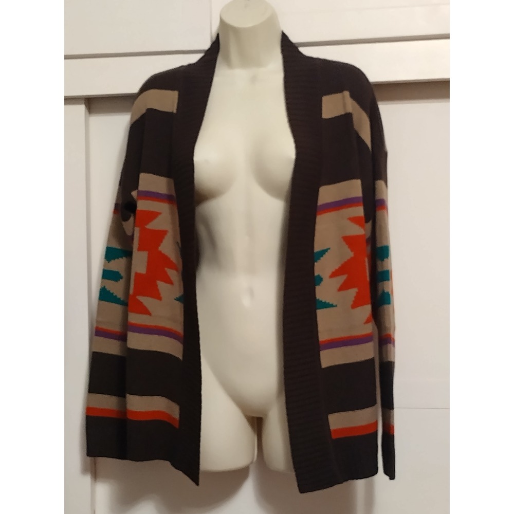 Forever 21 Brown Geometric Aztec Southwestern Knit Cardigan Open Front Womens M